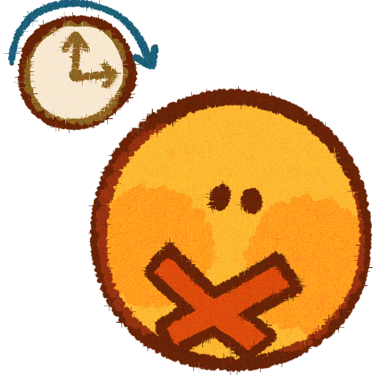 A yellow emoji with a red X where its mouth would be , next to it there is a clock with 1 blue arrow around it over it , indicating part time .